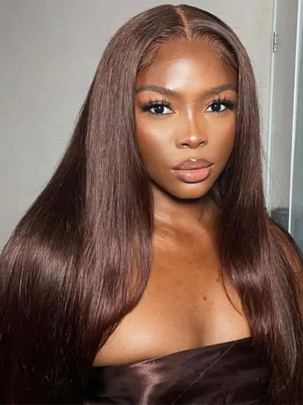 #4 Chocolate Brown Colored 4x4 13x4 Lace Frontal Straight Virgin Human Wig