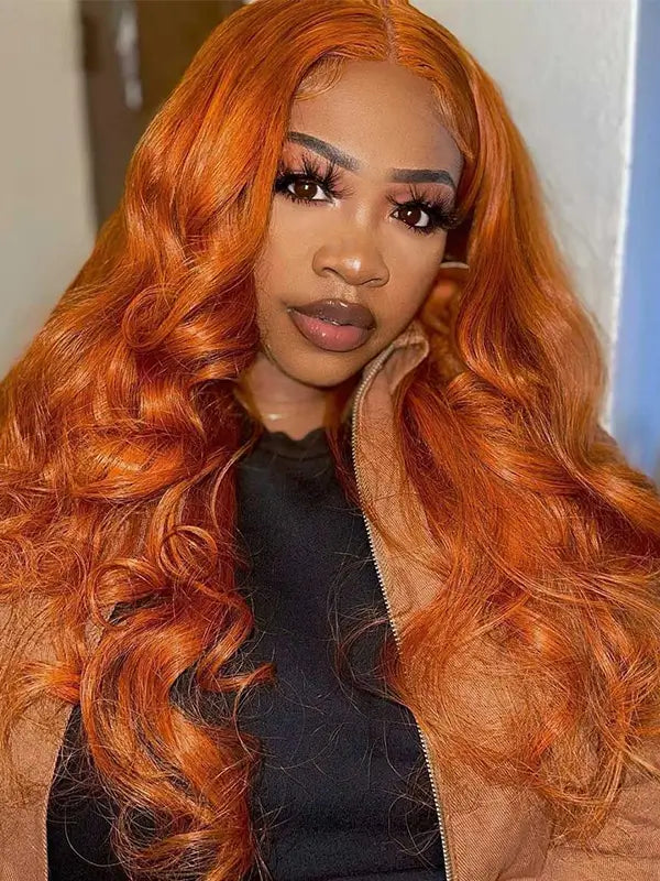 #350 Ginger Orange Colored Body Wave Wig 4x4 13x4 Virgin Human Hair Wig