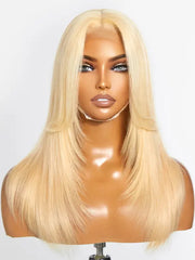 Glueless Layered Cut Curtain Bangs 613 Blonde Straight 5x5 Closure Lace Human Hair Wig