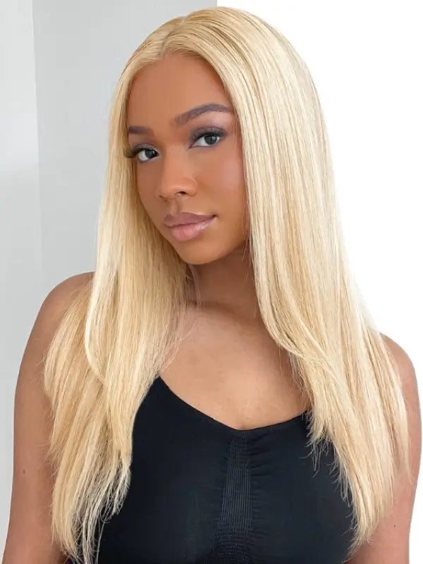 Glueless Layered Cut Curtain Bangs 613 Blonde Straight 5x5 Closure Lace Human Hair Wig