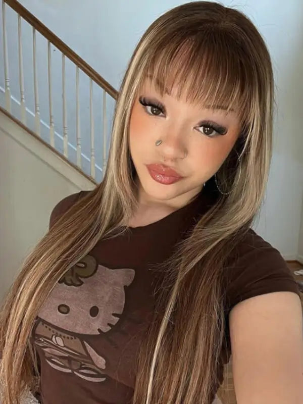 4/27 Highlight Honey Blonde Straight Wig With Bangs Human Hair With Fringe