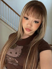 4/27 Highlight Honey Blonde Straight Wig With Bangs Human Hair With Fringe