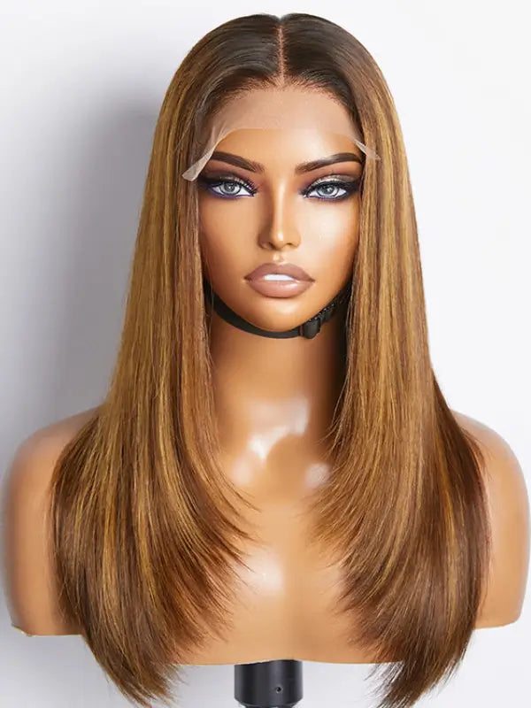 Layered Cut Wig Brown Mix Blonde 5x5 Lace Closure Straight Virgin Human