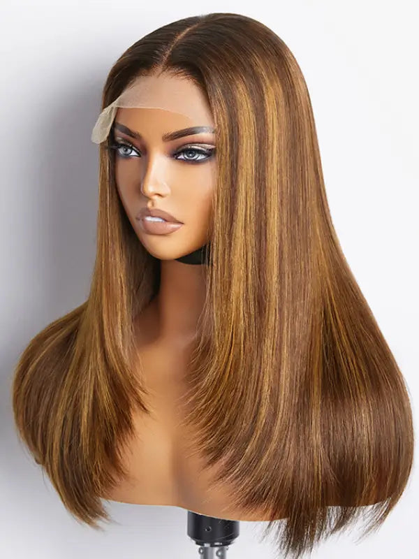 Layered Cut Wig Brown Mix Blonde 5x5 Lace Closure Straight Virgin Human