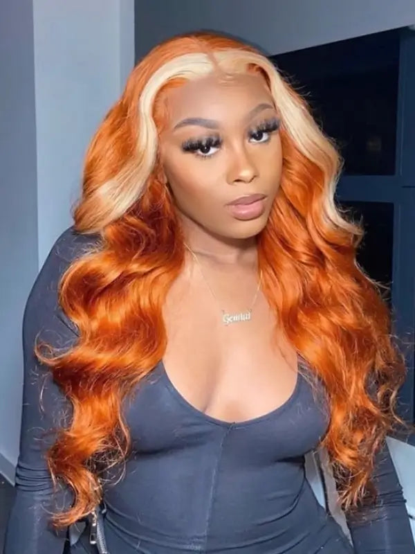 Skunk Stripe Blonde In Ginger Orange 13x4 Lace Frontal Body Wave Virgin Human Hair Wig