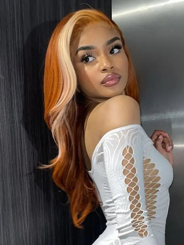 Skunk Stripe Blonde In Ginger Orange 13x4 Lace Frontal Body Wave Virgin Human Hair Wig