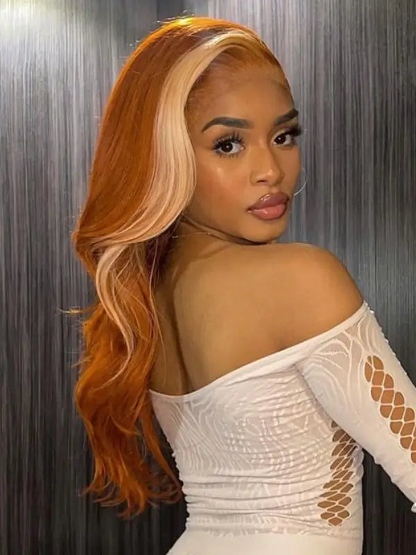 Skunk Stripe Blonde In Ginger Orange 13x4 Lace Frontal Body Wave Virgin Human Hair Wig