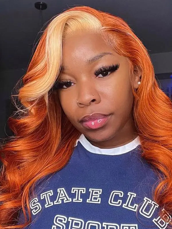 Skunk Stripe Blonde In Ginger Orange 13x4 Lace Frontal Body Wave Virgin Human Hair Wig