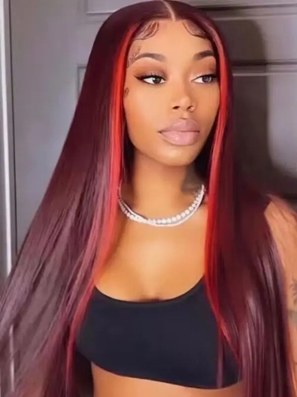 Skunk Stripe Burgundy 99J 13x4 Lace Frontal Straight Virgin Human Hair Wig