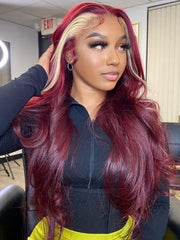 Skunk Stripe Red Wine Blonde 13x4 Lace Frontal Body Wave Virgin Human Hair Wig