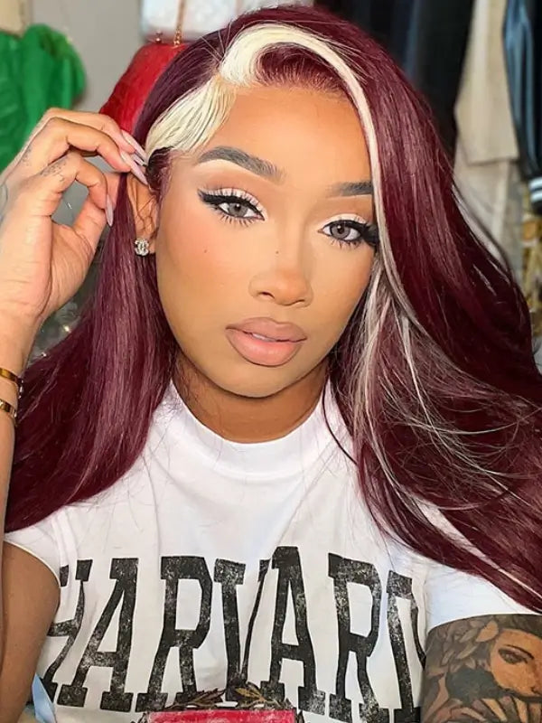 Skunk Stripe Red Wine Blonde 13x4 Lace Frontal Straight Virgin Human Hair Wig