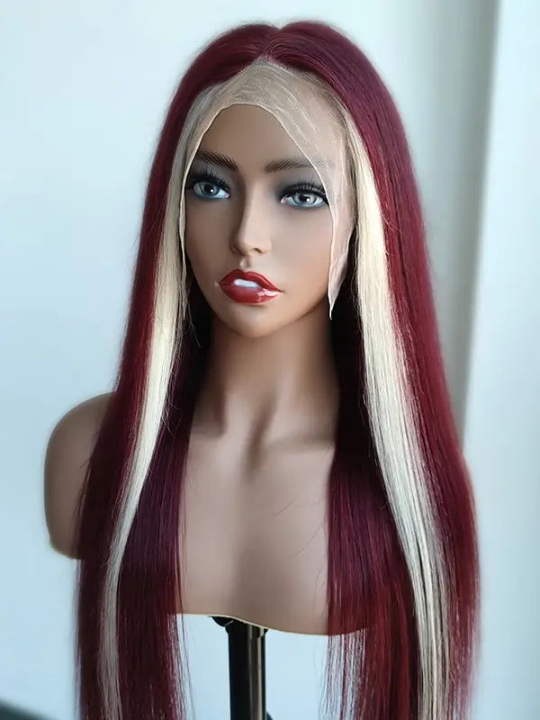 Skunk Stripe Red Wine Blonde 13x4 Lace Frontal Straight Virgin Human Hair Wig