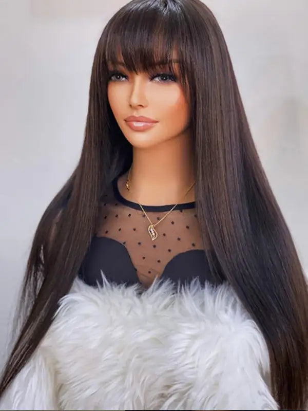 Long Straight Hair with Trendy Bangs 13x4 Lace Front Glueless Wig, 26 Inches